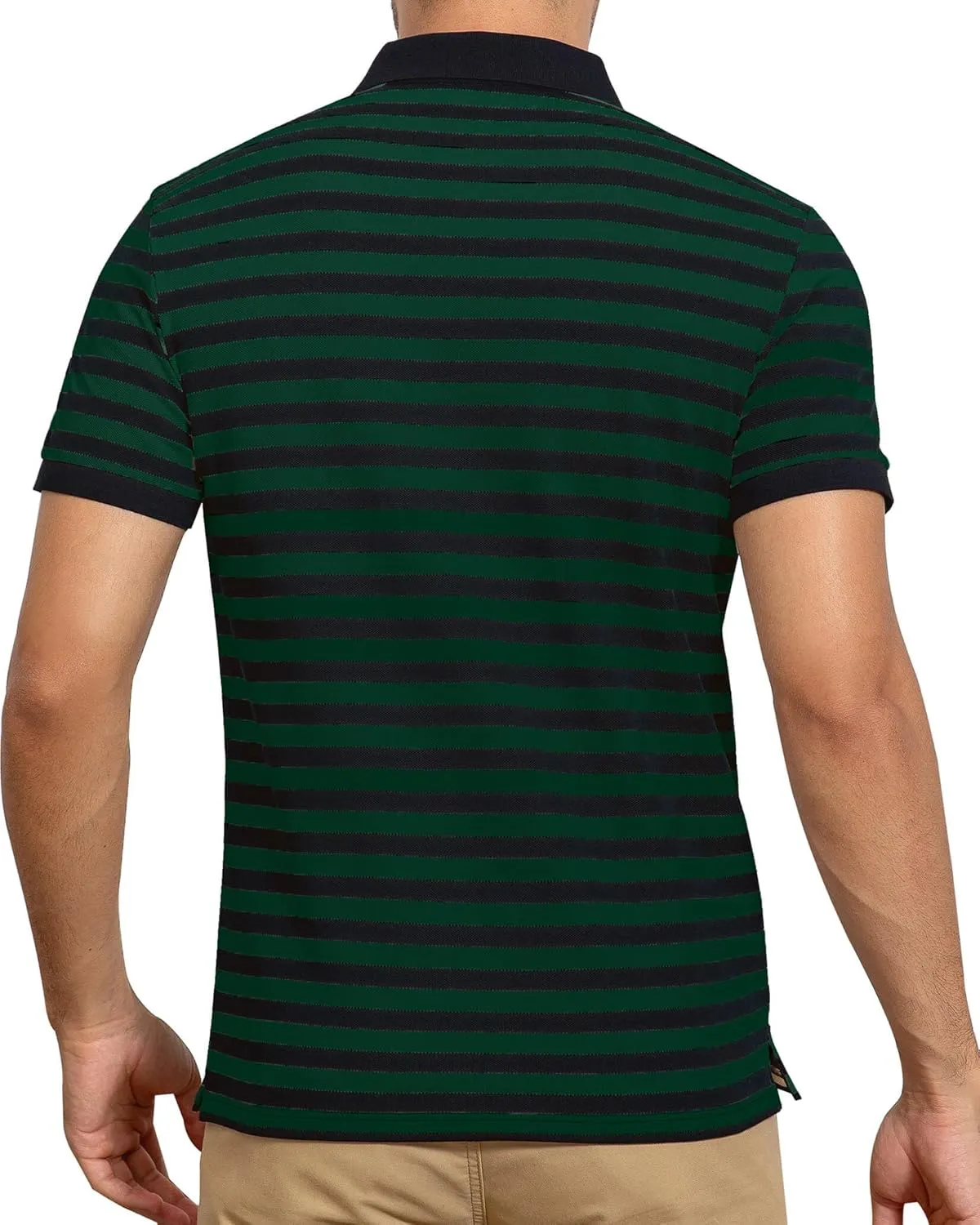 Mens Polo Shirts Short Sleeve Striped Cotton Collar Fitted Pique Work Golf Shirts for Men