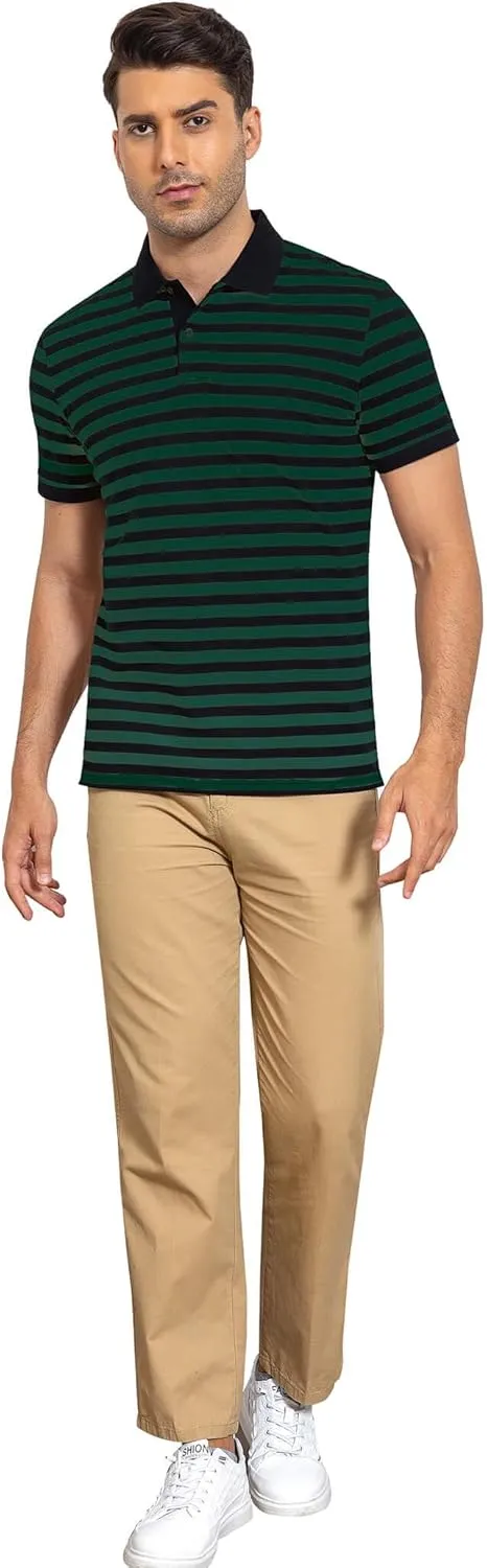 Mens Polo Shirts Short Sleeve Striped Cotton Collar Fitted Pique Work Golf Shirts for Men