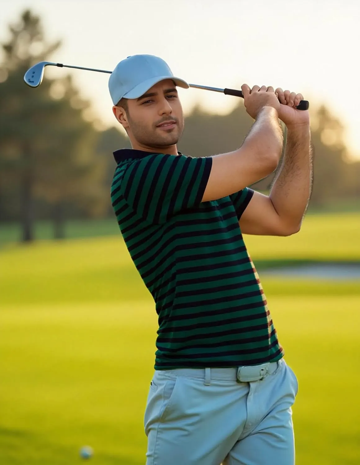 Mens Polo Shirts Short Sleeve Striped Cotton Collar Fitted Pique Work Golf Shirts for Men