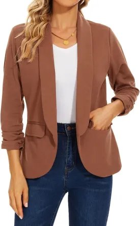 MINTLIMIT Womens Blazer 3/4 Ruched Sleeve Shawl Collar Business Work Blazers Open Front Casual Jackets with Pockets