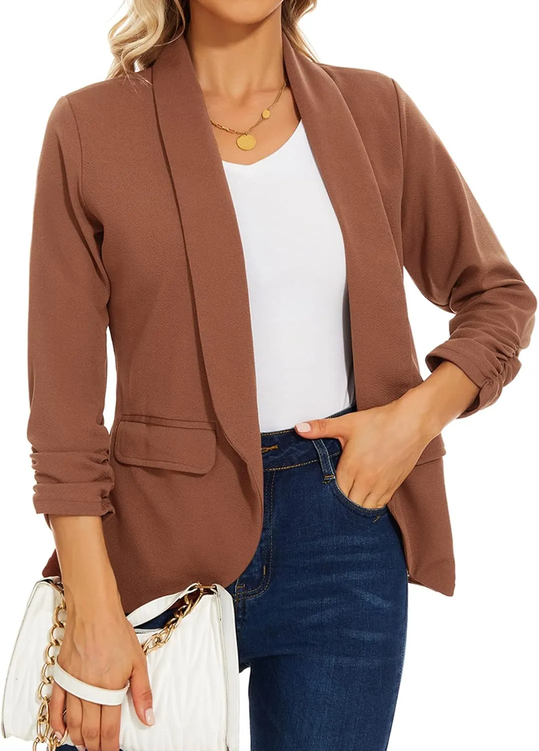 MINTLIMIT Womens Blazer 3/4 Ruched Sleeve Shawl Collar Business Work Blazers Open Front Casual Jackets with Pockets