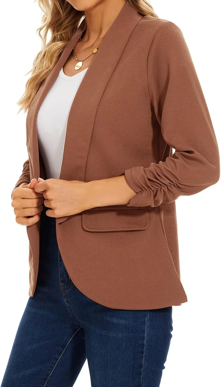 MINTLIMIT Womens Blazer 3/4 Ruched Sleeve Shawl Collar Business Work Blazers Open Front Casual Jackets with Pockets