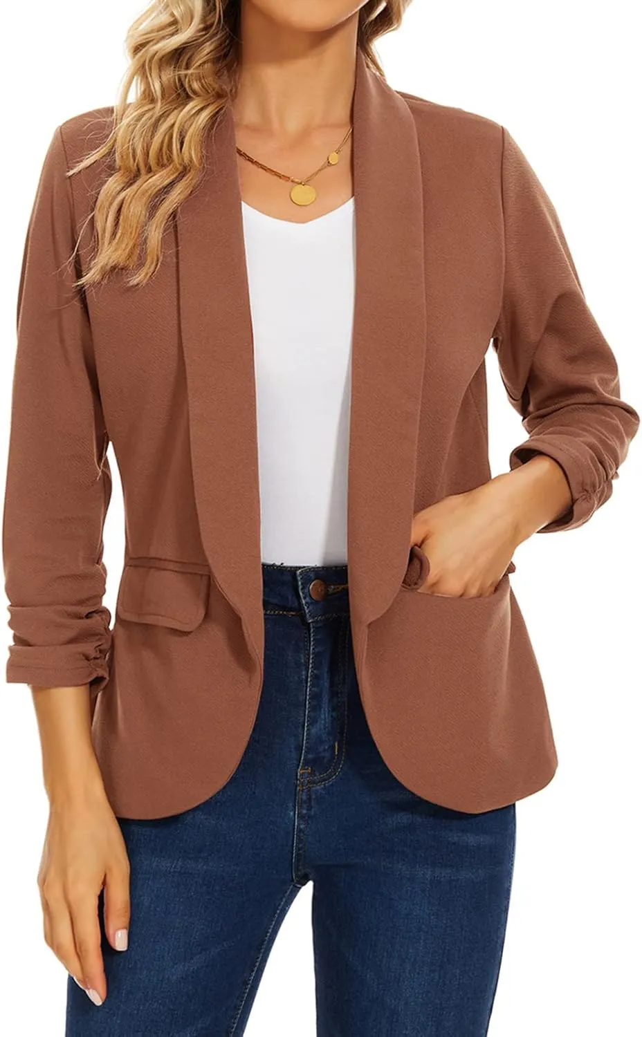 MINTLIMIT Womens Blazer 3/4 Ruched Sleeve Shawl Collar Business Work Blazers Open Front Casual Jackets with Pockets