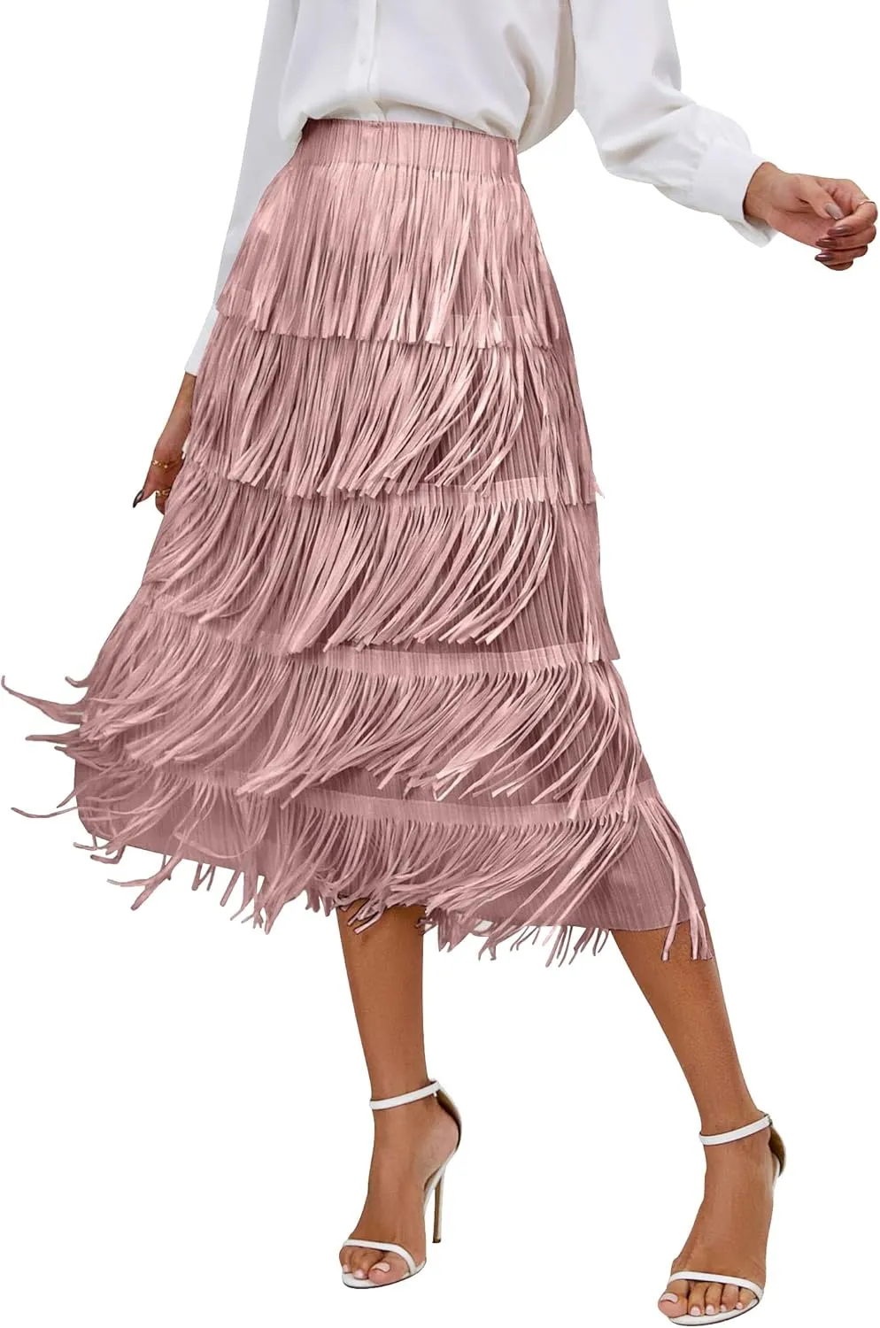 ODIZLI Midi Skirts for Women Spring Boho High Waist Tassel Fringe Layered Skirt A Line Skirts