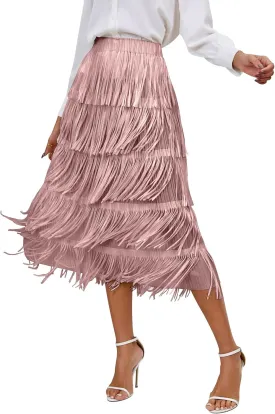 ODIZLI Midi Skirts for Women Spring Boho High Waist Tassel Fringe Layered Skirt A Line Skirts