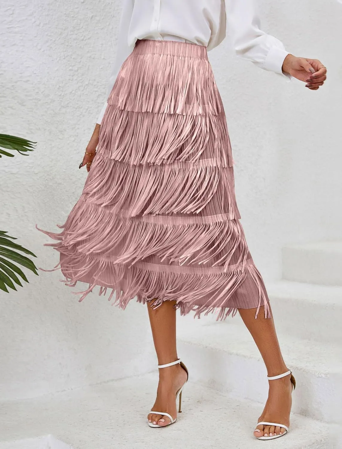 ODIZLI Midi Skirts for Women Spring Boho High Waist Tassel Fringe Layered Skirt A Line Skirts