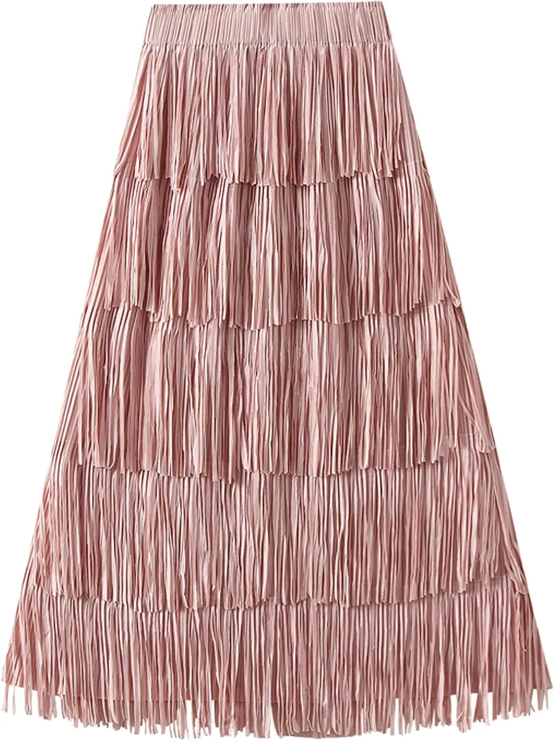ODIZLI Midi Skirts for Women Spring Boho High Waist Tassel Fringe Layered Skirt A Line Skirts