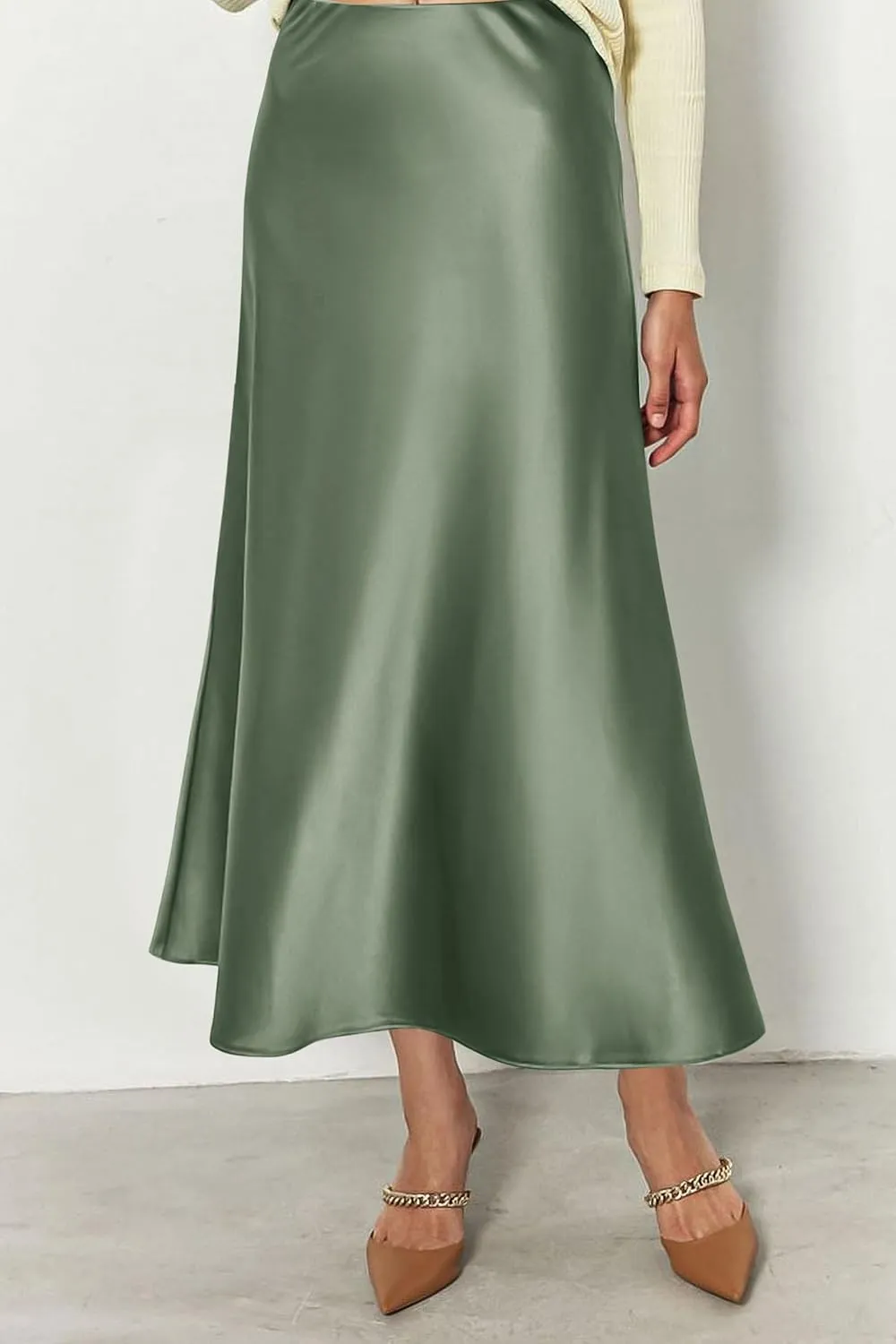PRETTYGARDEN Women's Midi Satin Skirt Dressy Casual Summer High Waisted A Line Flowy Ruffle Elegant Party Skirts