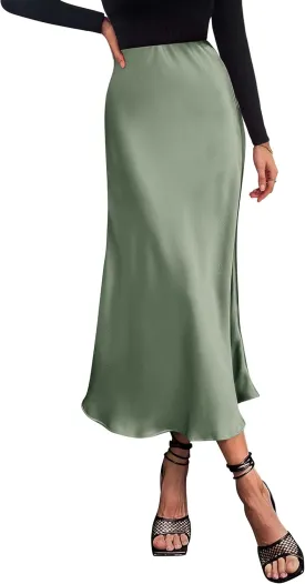 PRETTYGARDEN Women's Midi Satin Skirt Dressy Casual Summer High Waisted A Line Flowy Ruffle Elegant Party Skirts