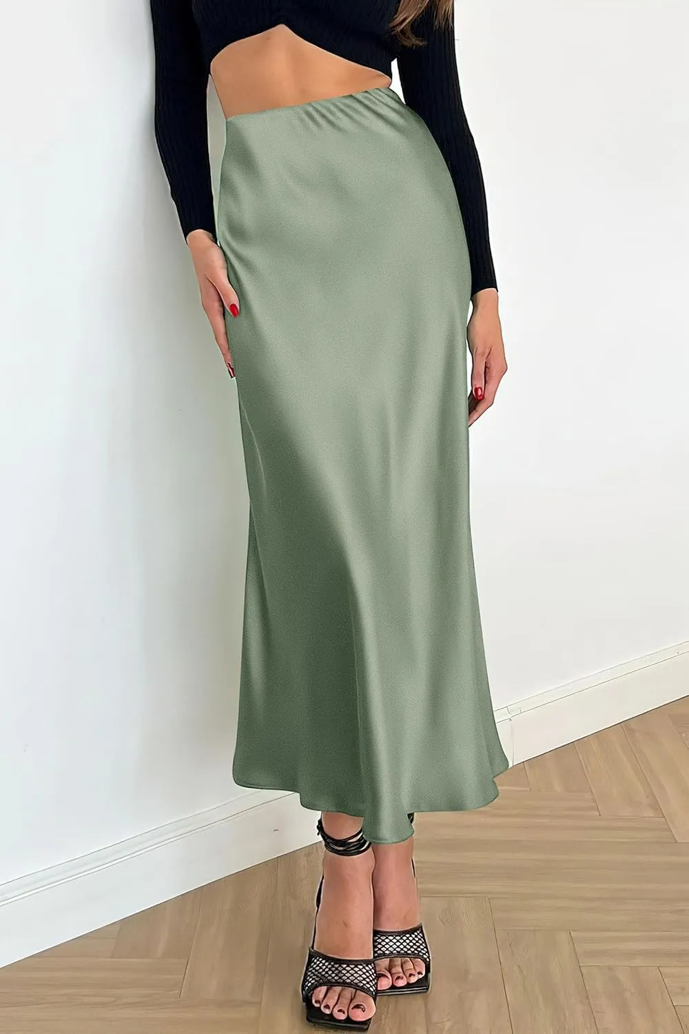 PRETTYGARDEN Women's Midi Satin Skirt Dressy Casual Summer High Waisted A Line Flowy Ruffle Elegant Party Skirts