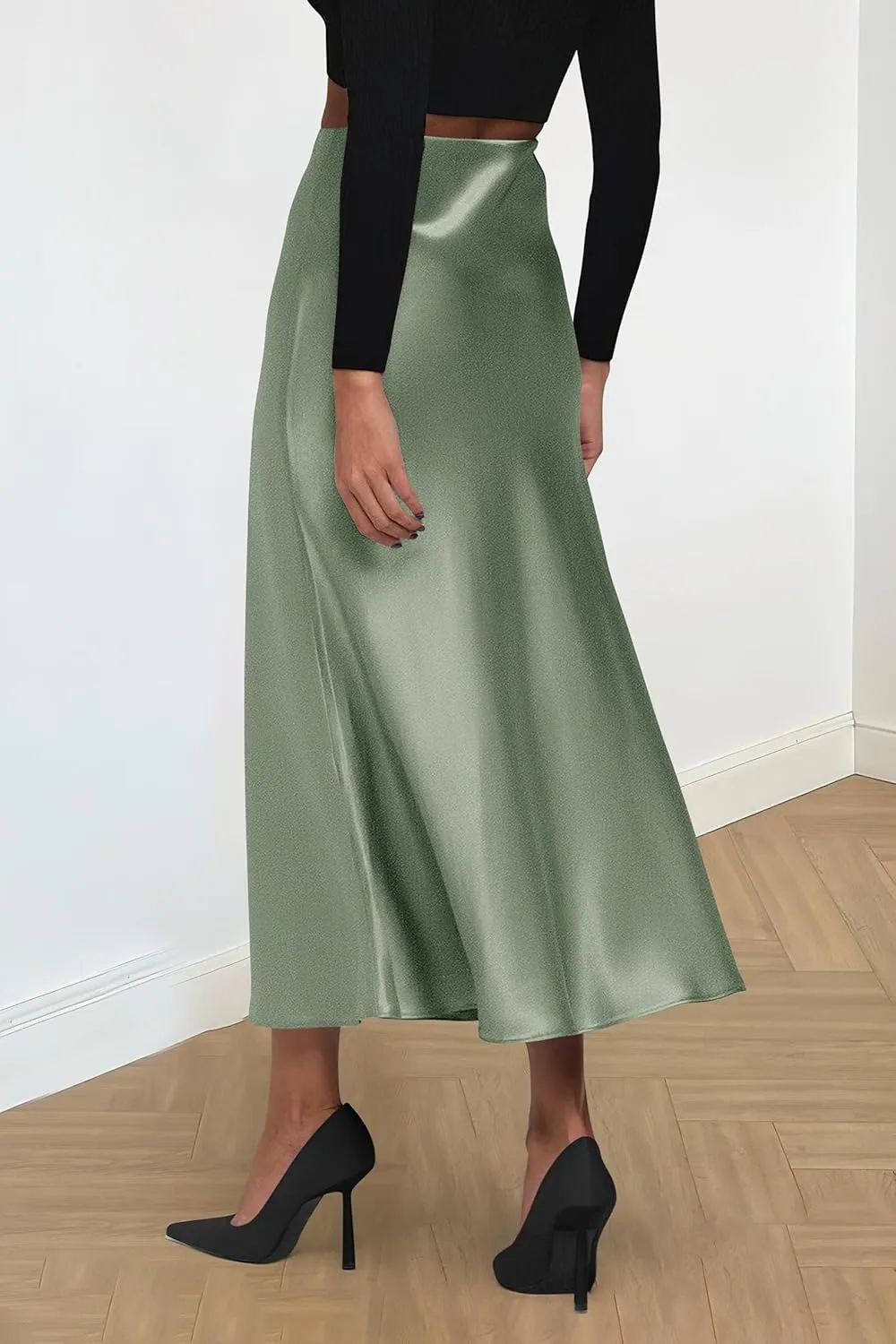 PRETTYGARDEN Women's Midi Satin Skirt Dressy Casual Summer High Waisted A Line Flowy Ruffle Elegant Party Skirts