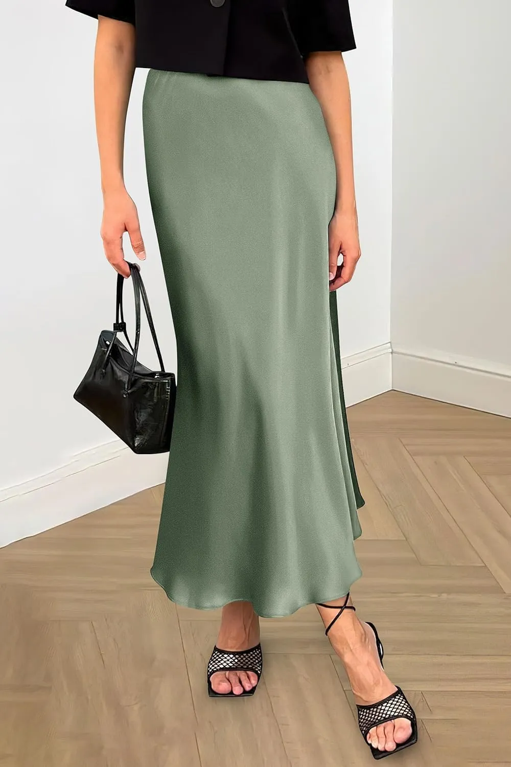 PRETTYGARDEN Women's Midi Satin Skirt Dressy Casual Summer High Waisted A Line Flowy Ruffle Elegant Party Skirts