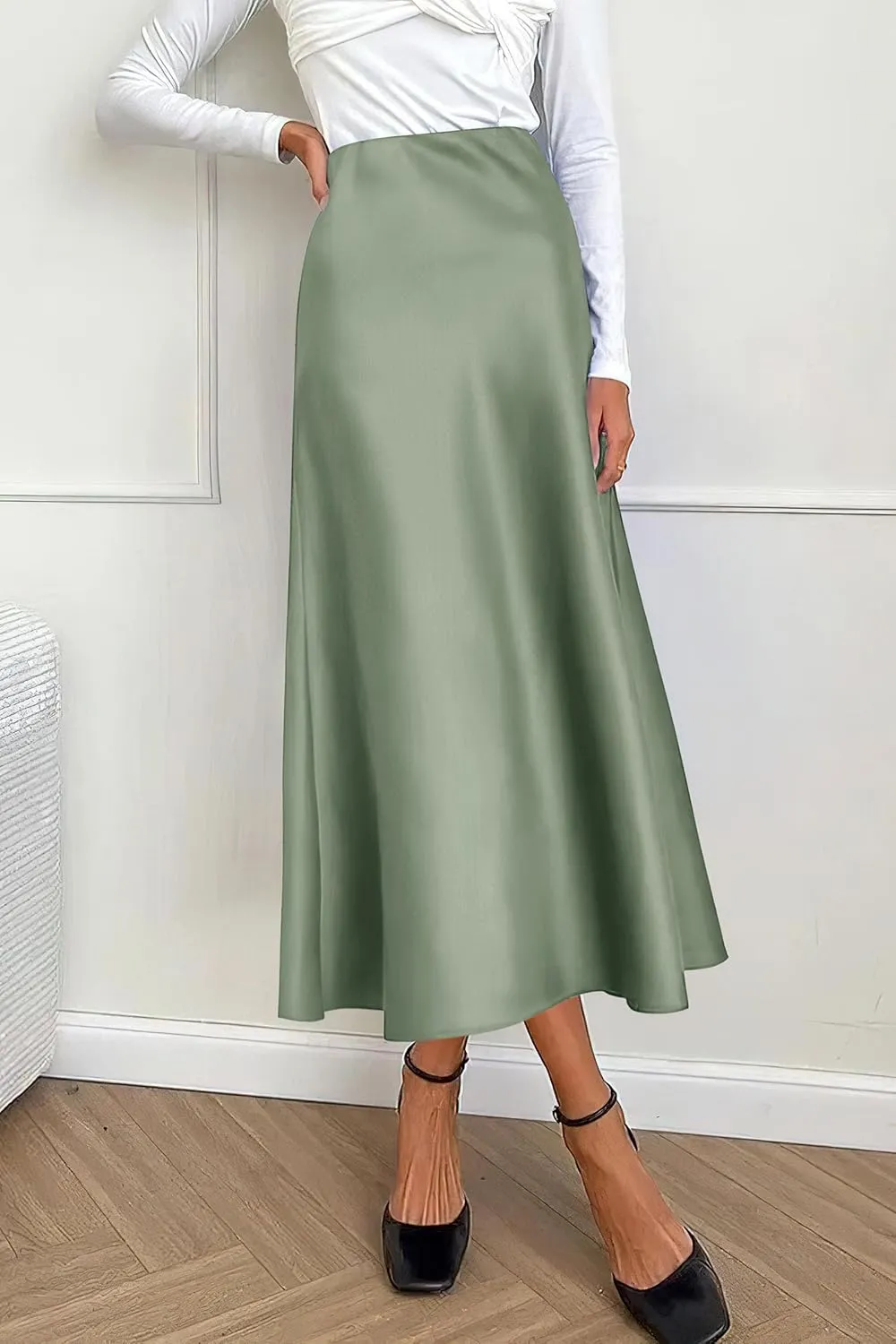 PRETTYGARDEN Women's Midi Satin Skirt Dressy Casual Summer High Waisted A Line Flowy Ruffle Elegant Party Skirts