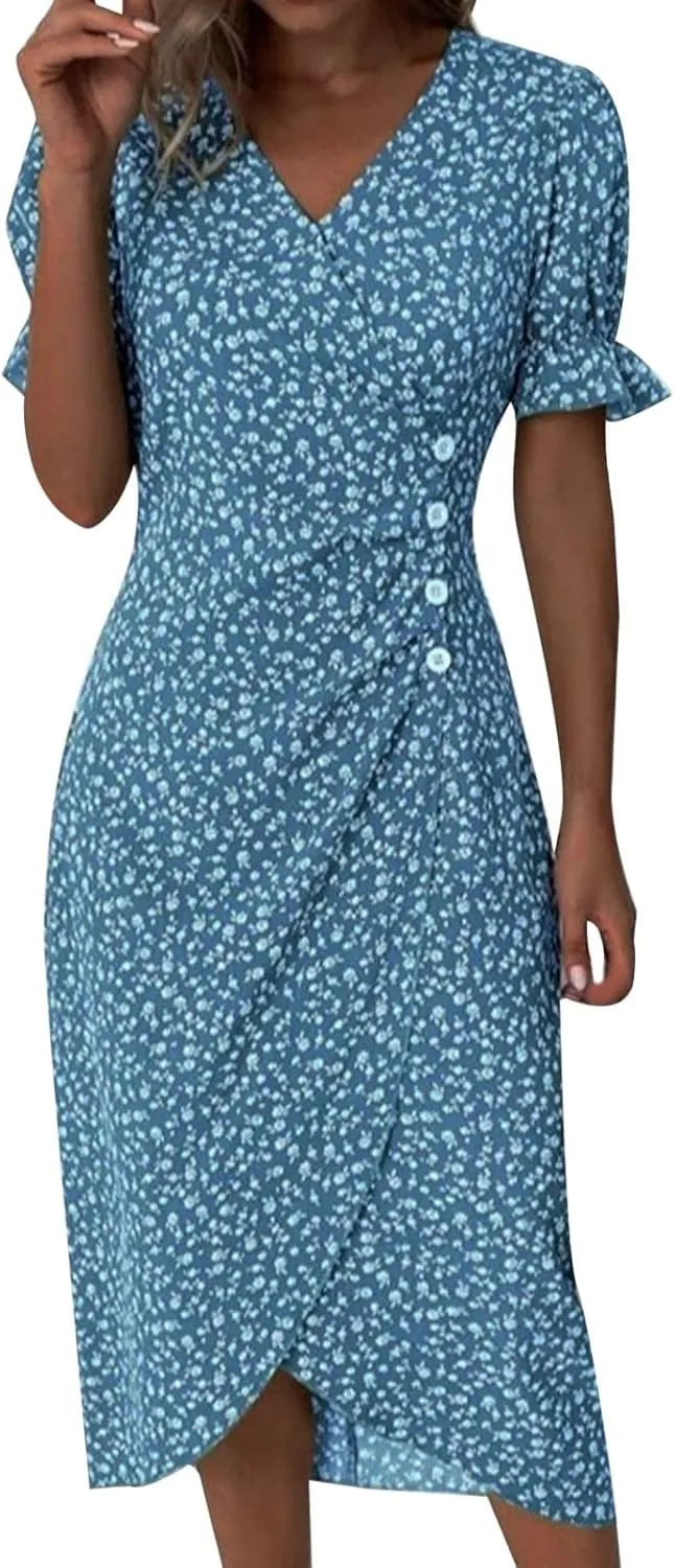 Spring Dresses For Women 2025 Bubble Sleeve Split Irregular Hem V-neck Elegant Dress Button Floral Casual Sundress