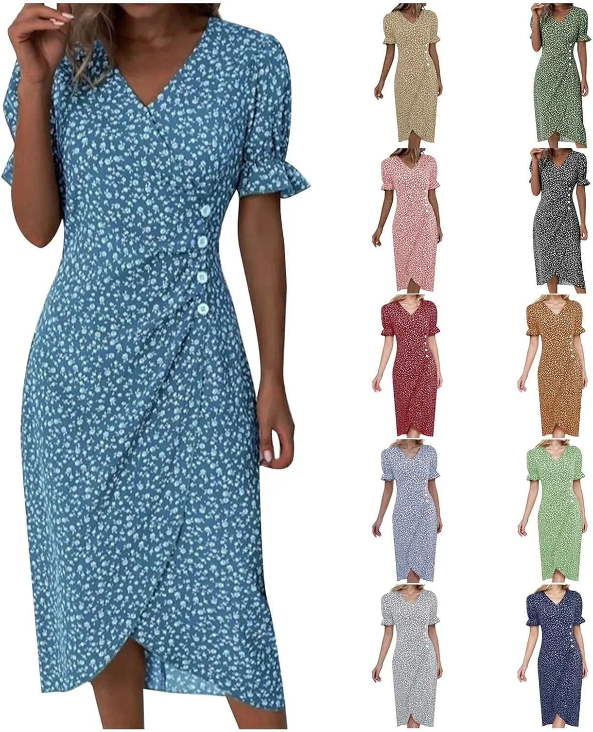 Spring Dresses For Women 2025 Bubble Sleeve Split Irregular Hem V-neck Elegant Dress Button Floral Casual Sundress