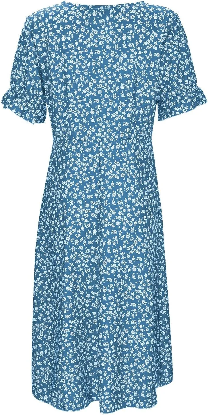 Spring Dresses For Women 2025 Bubble Sleeve Split Irregular Hem V-neck Elegant Dress Button Floral Casual Sundress