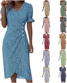 Spring Dresses For Women 2025 Bubble Sleeve Split Irregular Hem V-neck Elegant Dress Button Floral Casual Sundress