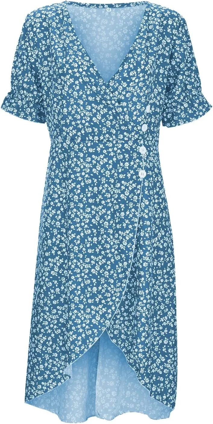 Spring Dresses For Women 2025 Bubble Sleeve Split Irregular Hem V-neck Elegant Dress Button Floral Casual Sundress