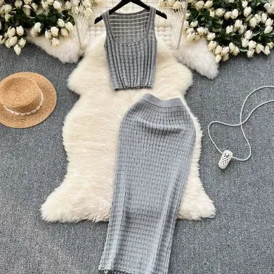 Stretch Short Vest Top & High Waist Skirt Two-piece