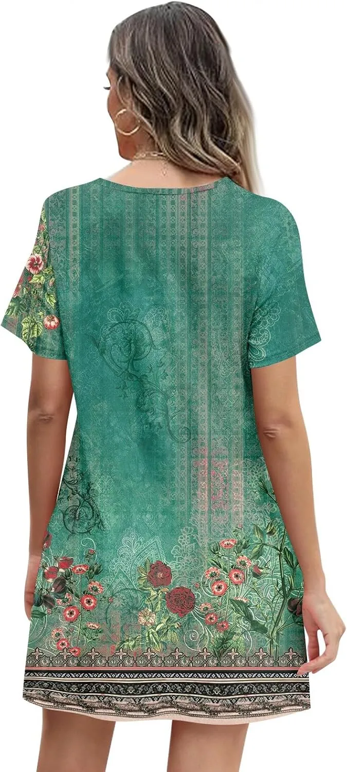 Summer Beach Vacation Clothes Spring Dresses for Women 2025 Short Sleeve Boho Printed Loose T Shirt Dress