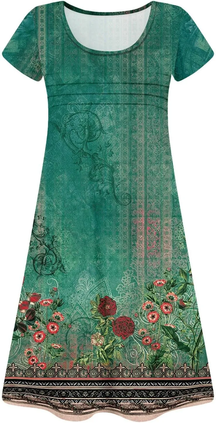 Summer Beach Vacation Clothes Spring Dresses for Women 2025 Short Sleeve Boho Printed Loose T Shirt Dress