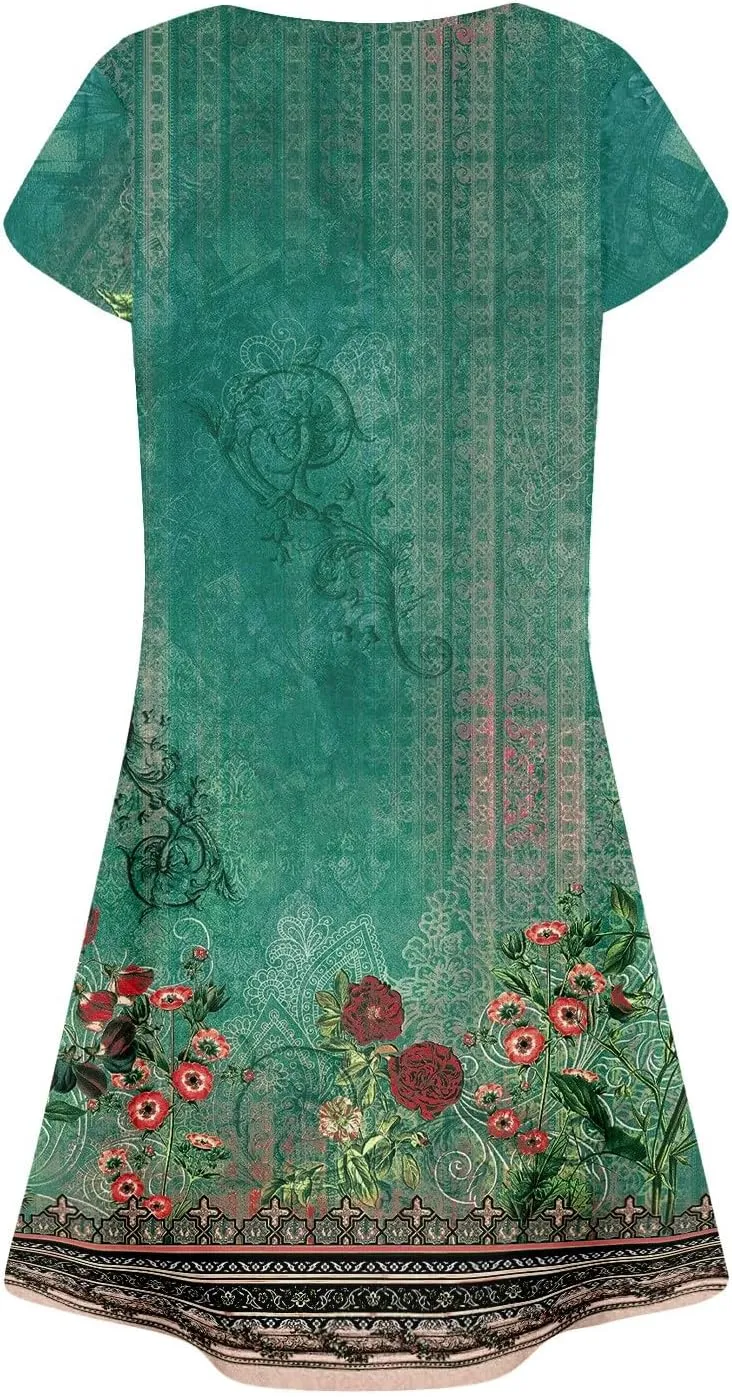 Summer Beach Vacation Clothes Spring Dresses for Women 2025 Short Sleeve Boho Printed Loose T Shirt Dress