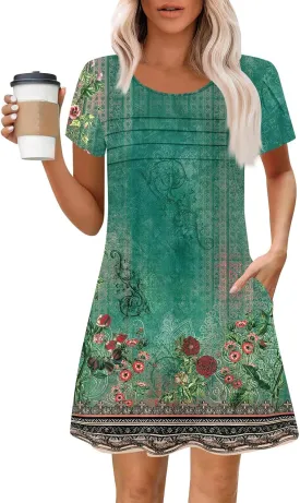 Summer Beach Vacation Clothes Spring Dresses for Women 2025 Short Sleeve Boho Printed Loose T Shirt Dress