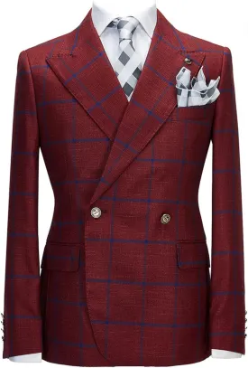 Ulnomio Men's Checked Blazer Peak Lapel Double Breasted Buttons Coat for Daily Business Trip