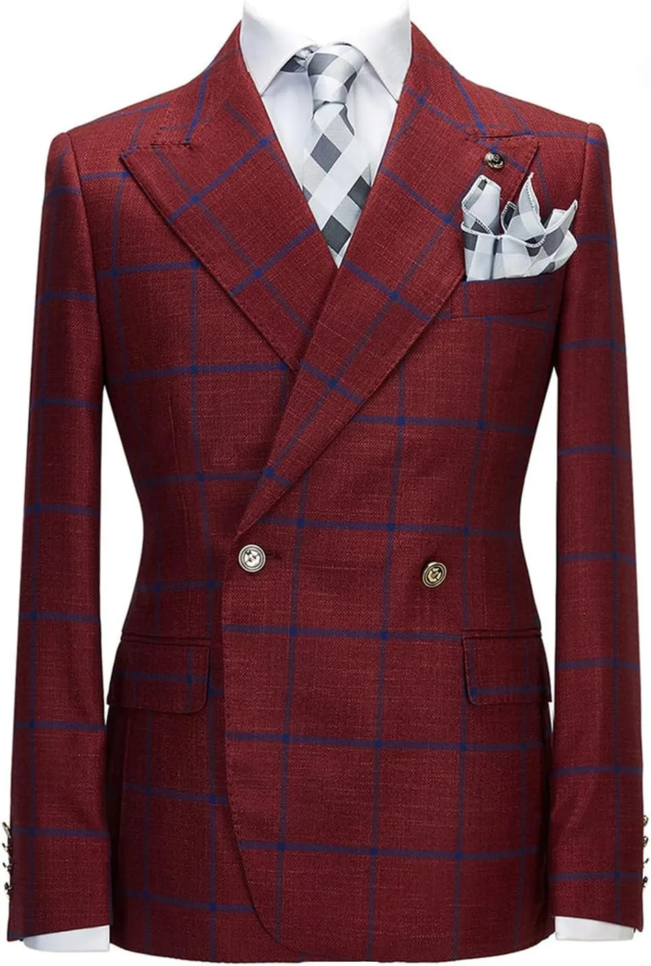 Ulnomio Men's Checked Blazer Peak Lapel Double Breasted Buttons Coat for Daily Business Trip