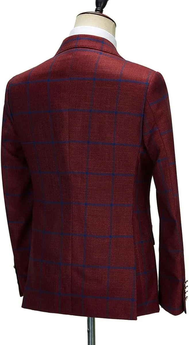 Ulnomio Men's Checked Blazer Peak Lapel Double Breasted Buttons Coat for Daily Business Trip