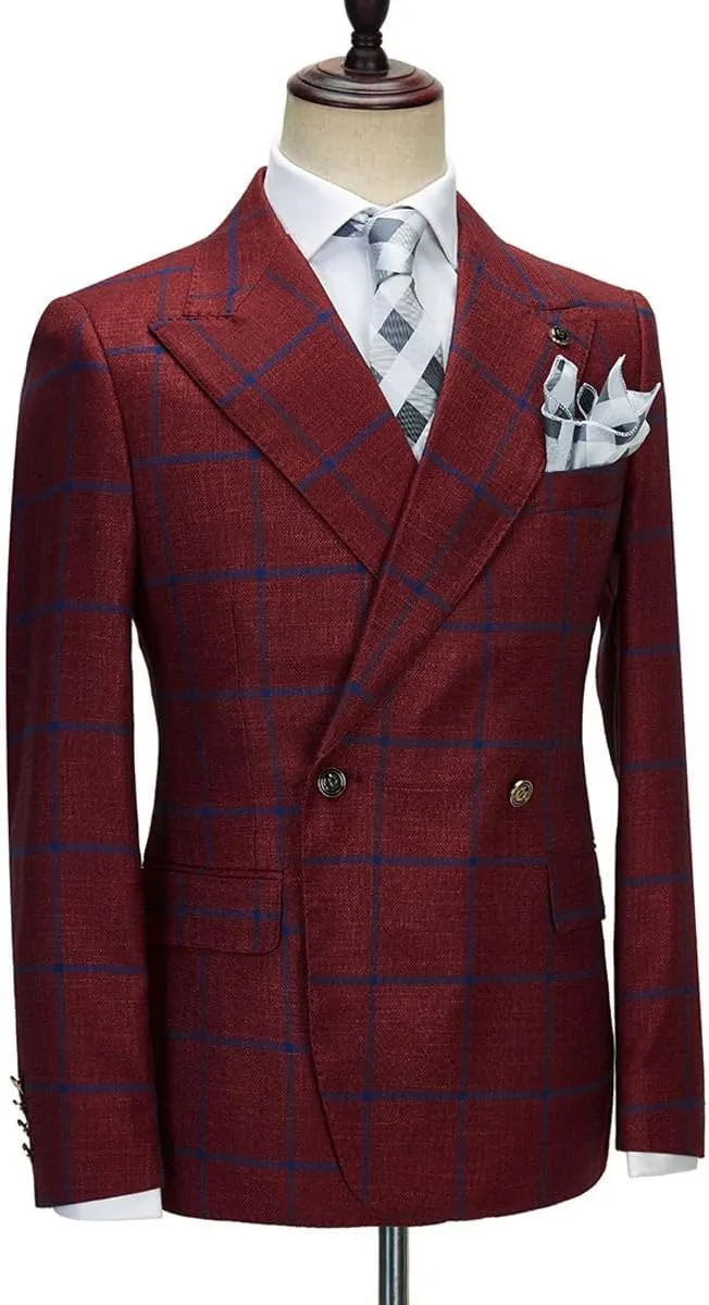 Ulnomio Men's Checked Blazer Peak Lapel Double Breasted Buttons Coat for Daily Business Trip