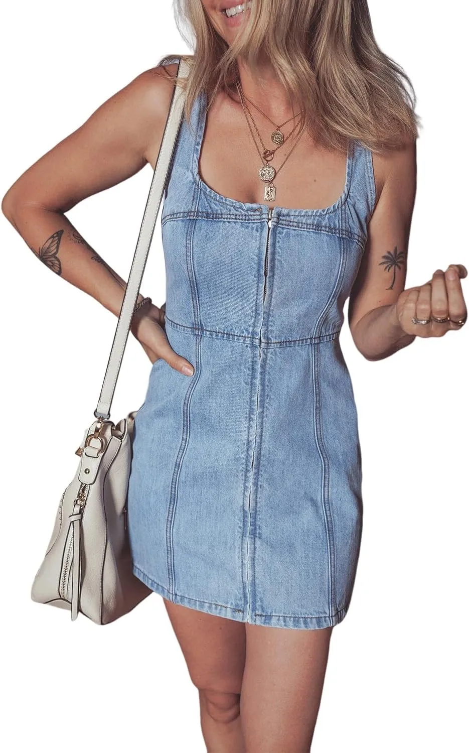 Urchics Womens Summer Dress Beau Blue Seamed Zipper Square Neck Sleeveless Denim Mini Dress