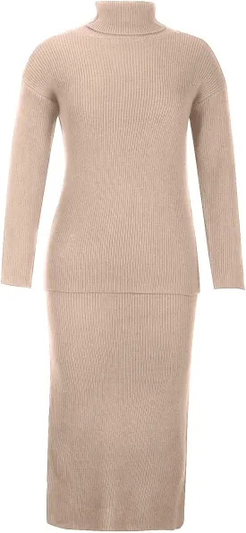 Women's 2 Piece Outfits Ribbed Knit Long Sleeve Oversized Turtleneck Sweater Top and Bodycon Midi Skirt Dress Set