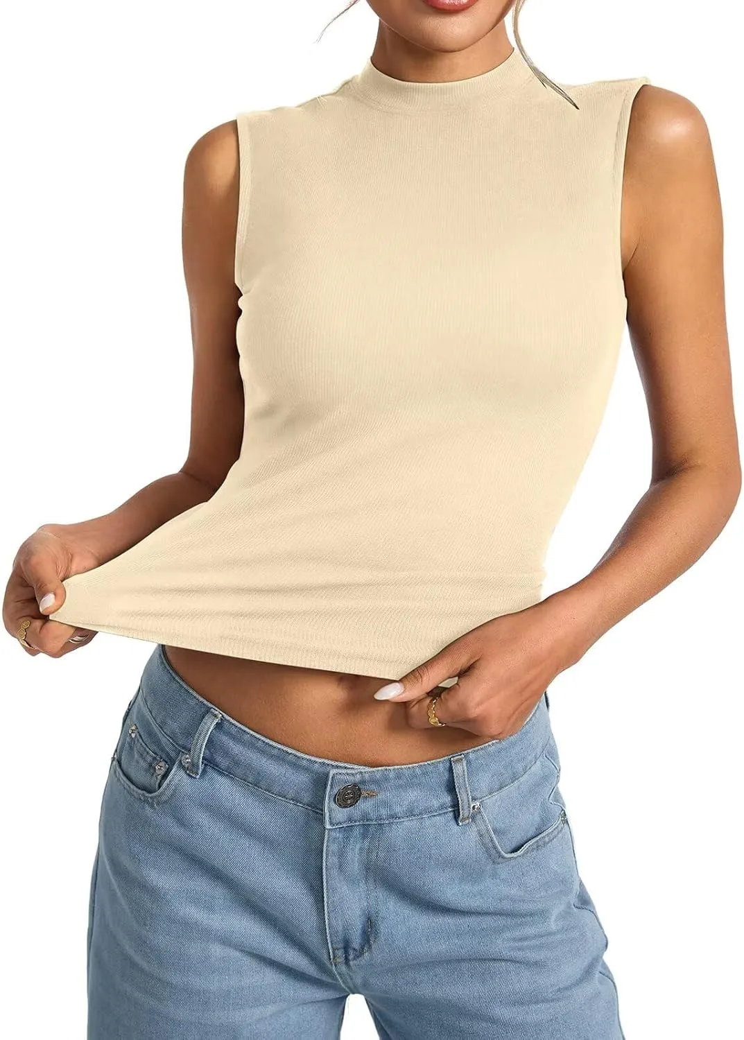 Womens Cotton Ribbed Tank Tops Sleeveless Mock High Neck Top Fitted Basic Summer Cami Shirts Y2K Outfits 2025