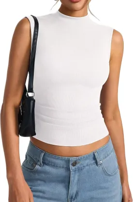 Womens Cotton Ribbed Tank Tops Sleeveless Mock High Neck Top Fitted Basic Summer Cami Shirts Y2K Outfits 2025