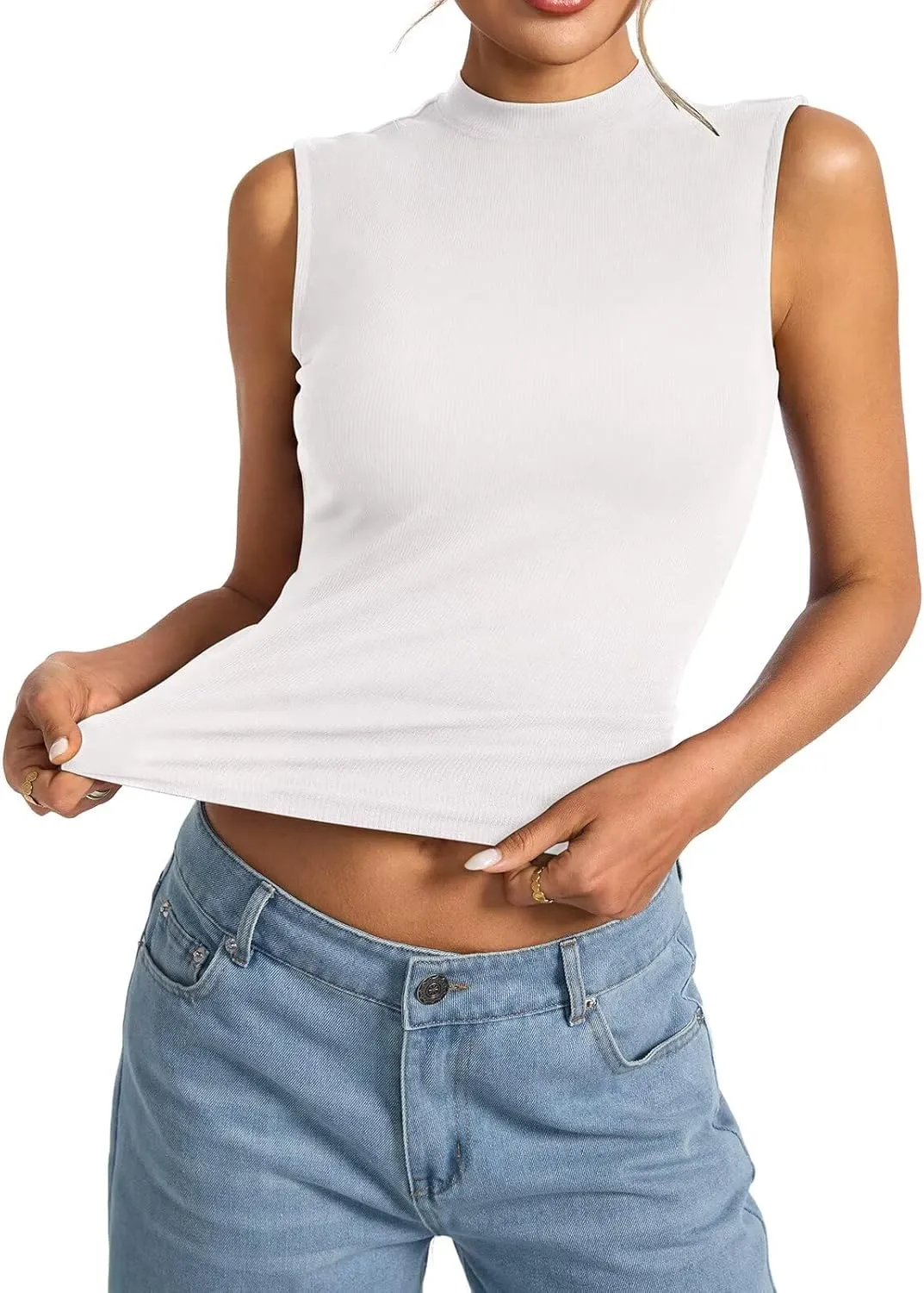 Womens Cotton Ribbed Tank Tops Sleeveless Mock High Neck Top Fitted Basic Summer Cami Shirts Y2K Outfits 2025