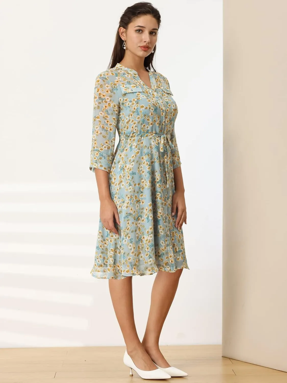 Women's Floral A-Line Dress 3/4 Sleeve Chiffon Button Up Midi Flare Dresses