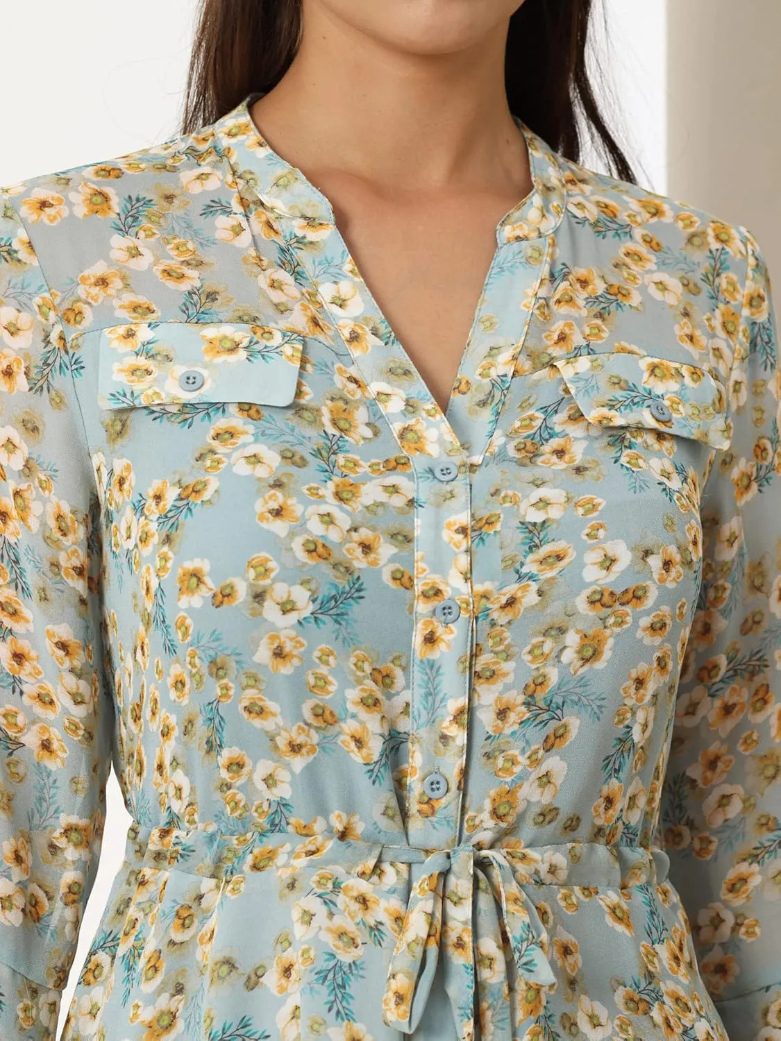 Women's Floral A-Line Dress 3/4 Sleeve Chiffon Button Up Midi Flare Dresses