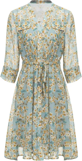 Women's Floral A-Line Dress 3/4 Sleeve Chiffon Button Up Midi Flare Dresses