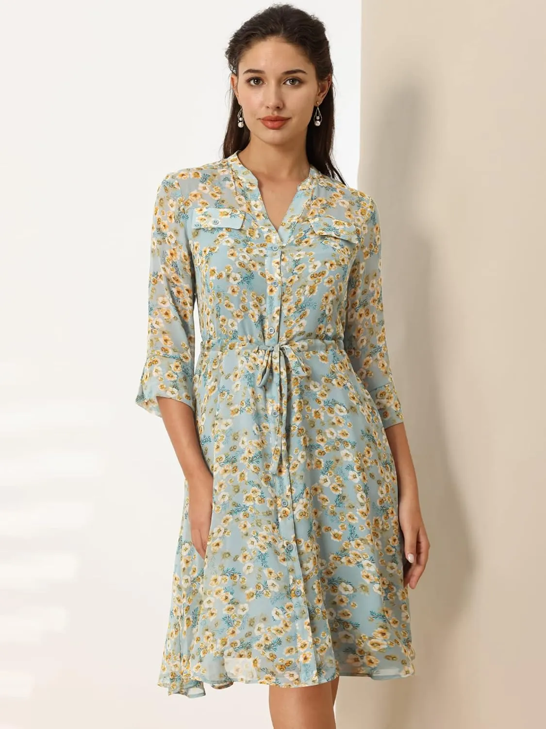 Women's Floral A-Line Dress 3/4 Sleeve Chiffon Button Up Midi Flare Dresses