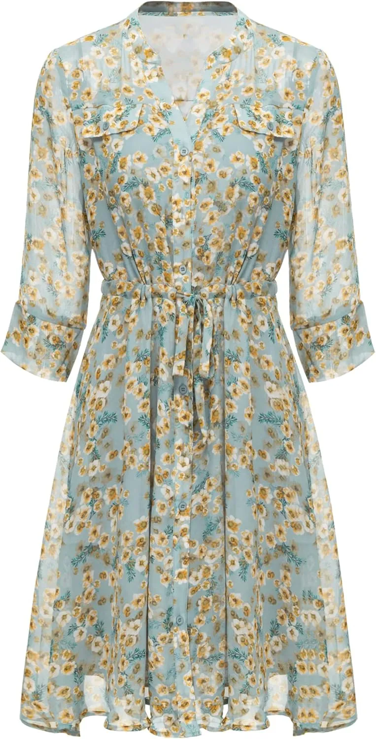 Women's Floral A-Line Dress 3/4 Sleeve Chiffon Button Up Midi Flare Dresses