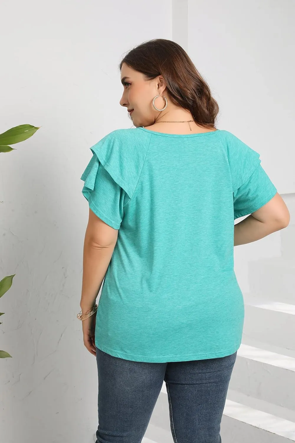 Women's Plus Size Tops Ruffle Short Sleeve V Neck Solid T Shirts Casual Loose Blouses Tunic Top