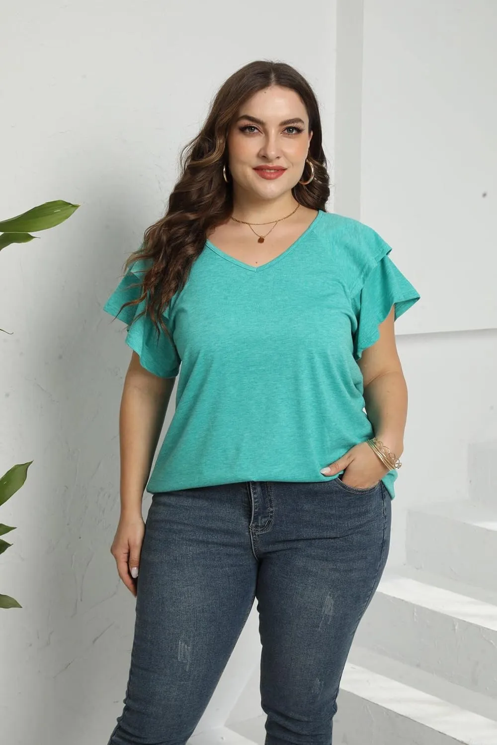 Women's Plus Size Tops Ruffle Short Sleeve V Neck Solid T Shirts Casual Loose Blouses Tunic Top