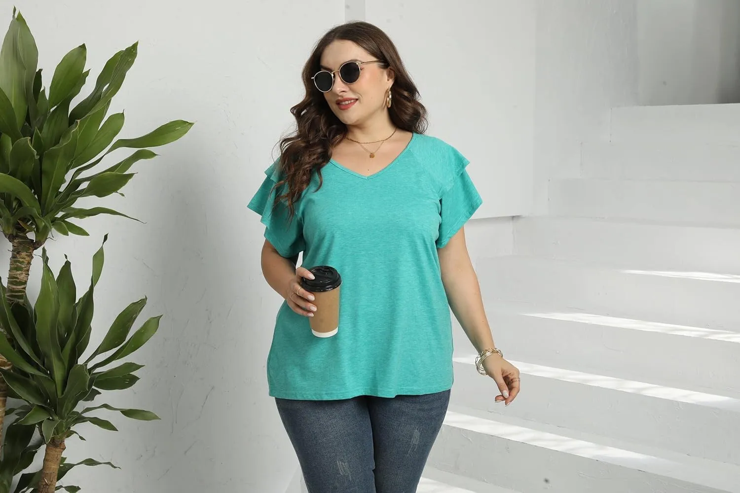 Women's Plus Size Tops Ruffle Short Sleeve V Neck Solid T Shirts Casual Loose Blouses Tunic Top