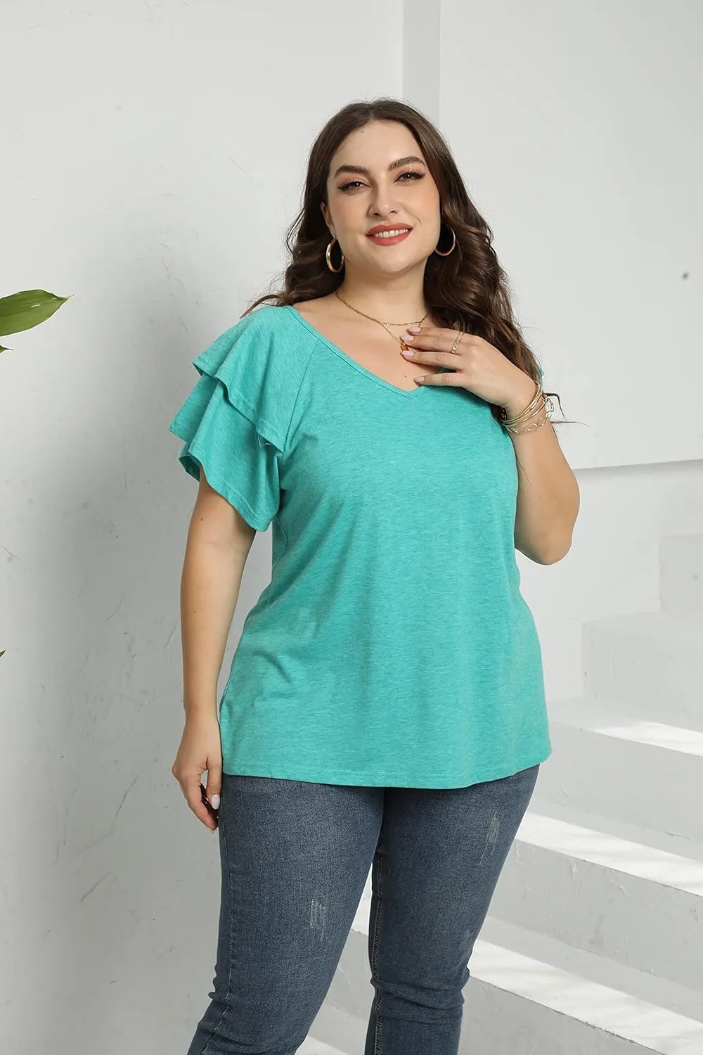 Women's Plus Size Tops Ruffle Short Sleeve V Neck Solid T Shirts Casual Loose Blouses Tunic Top
