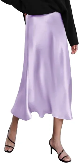 Women's Satin High Waisted Midi Skirts High Waist Elastic Waistband Skirts Elegant Dressy Skirt Business Casual Skirt
