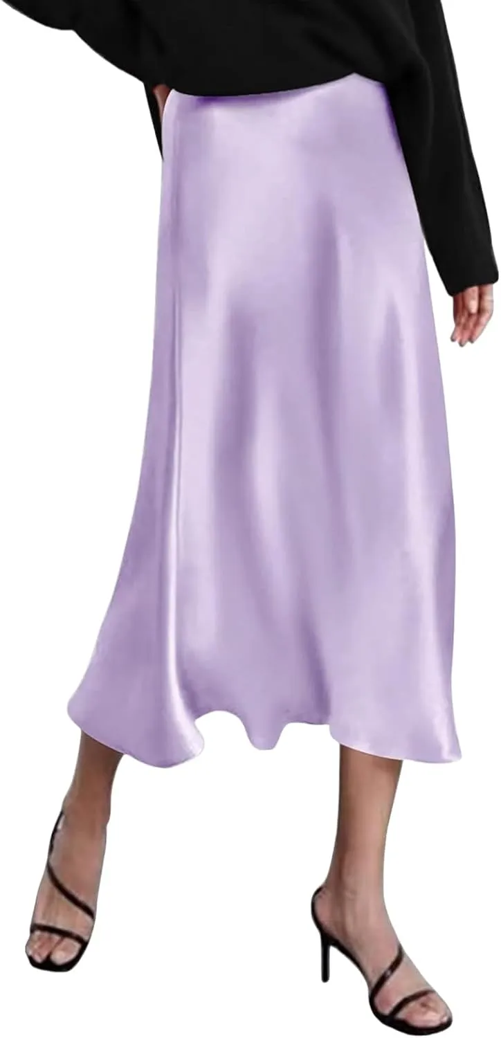 Women's Satin High Waisted Midi Skirts High Waist Elastic Waistband Skirts Elegant Dressy Skirt Business Casual Skirt