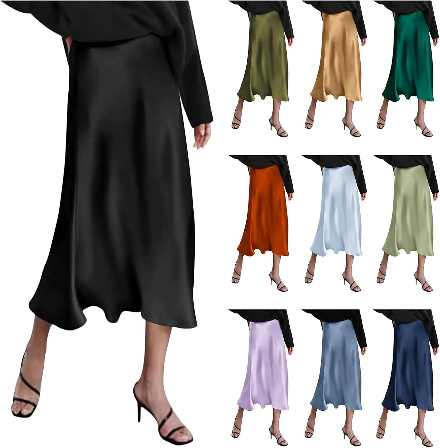 Women's Satin High Waisted Midi Skirts High Waist Elastic Waistband Skirts Elegant Dressy Skirt Business Casual Skirt