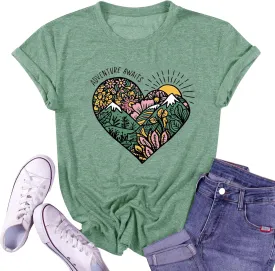 Womens T Shirts Adventure Awaits Mountain Sunrise Flower Heart Printed Shirt Boho Floral Wildflowers Graphic Funny Tee Tops