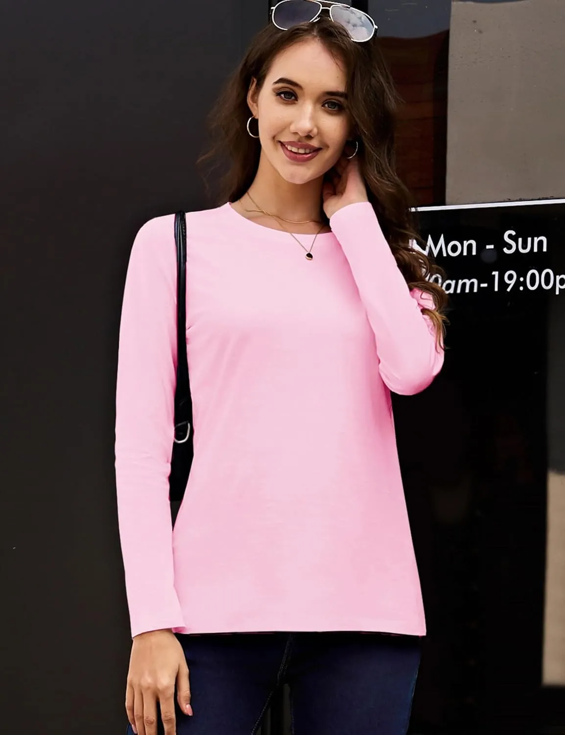 YUCOLEN Women's Cotton Long Sleeve Shirts Crewneck Cotton Basic T-Shirt Solid Color Soft Comfy Casual Tops Tees for Women